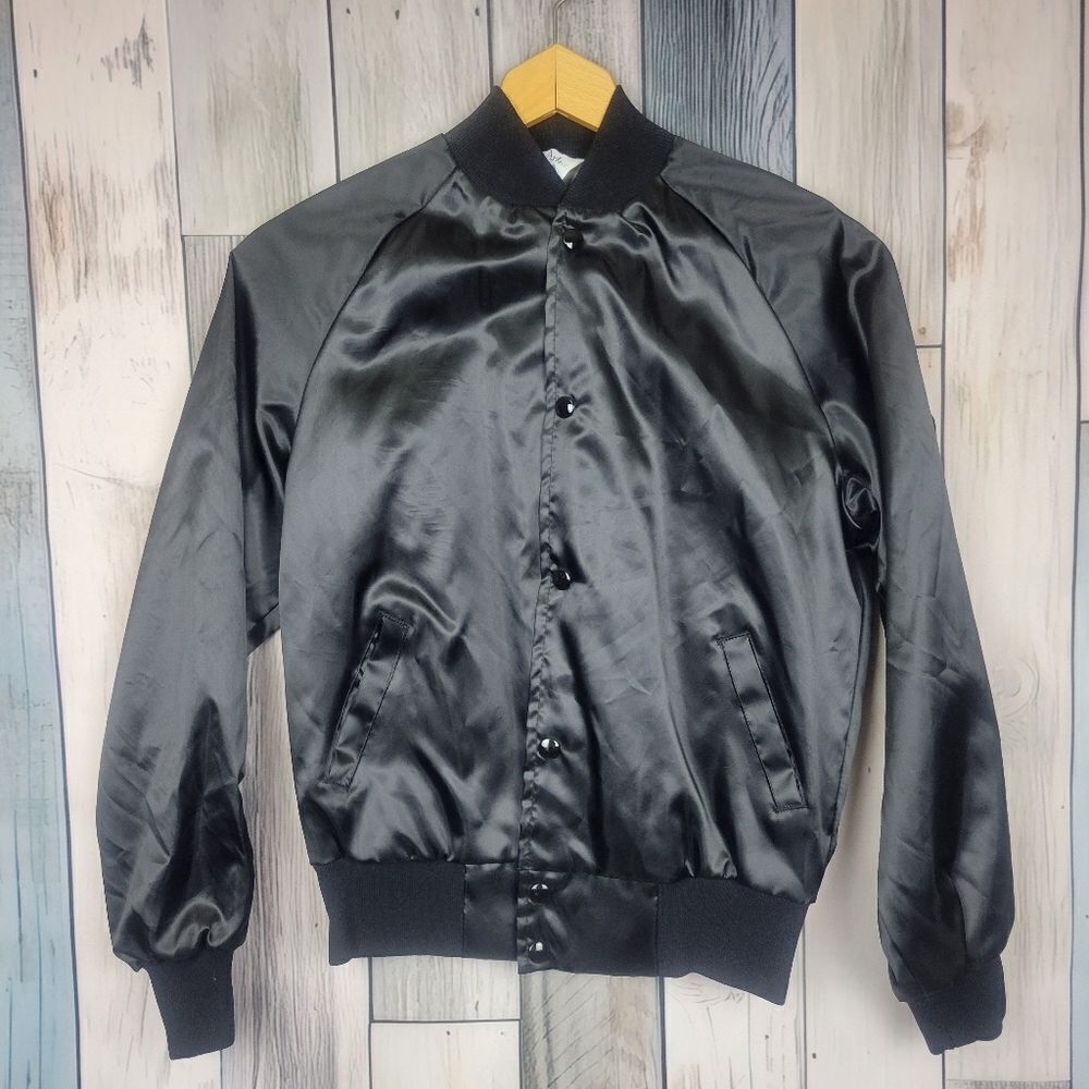Vintage Black Satin Bomber Jacket "Birch" size Youth Large West Ark - Picture 2 of 8